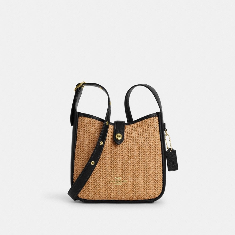 Coach Hadley Straw + Leather Mini Crossbody Bag Toast with Black NWT - Picture 1 of 10